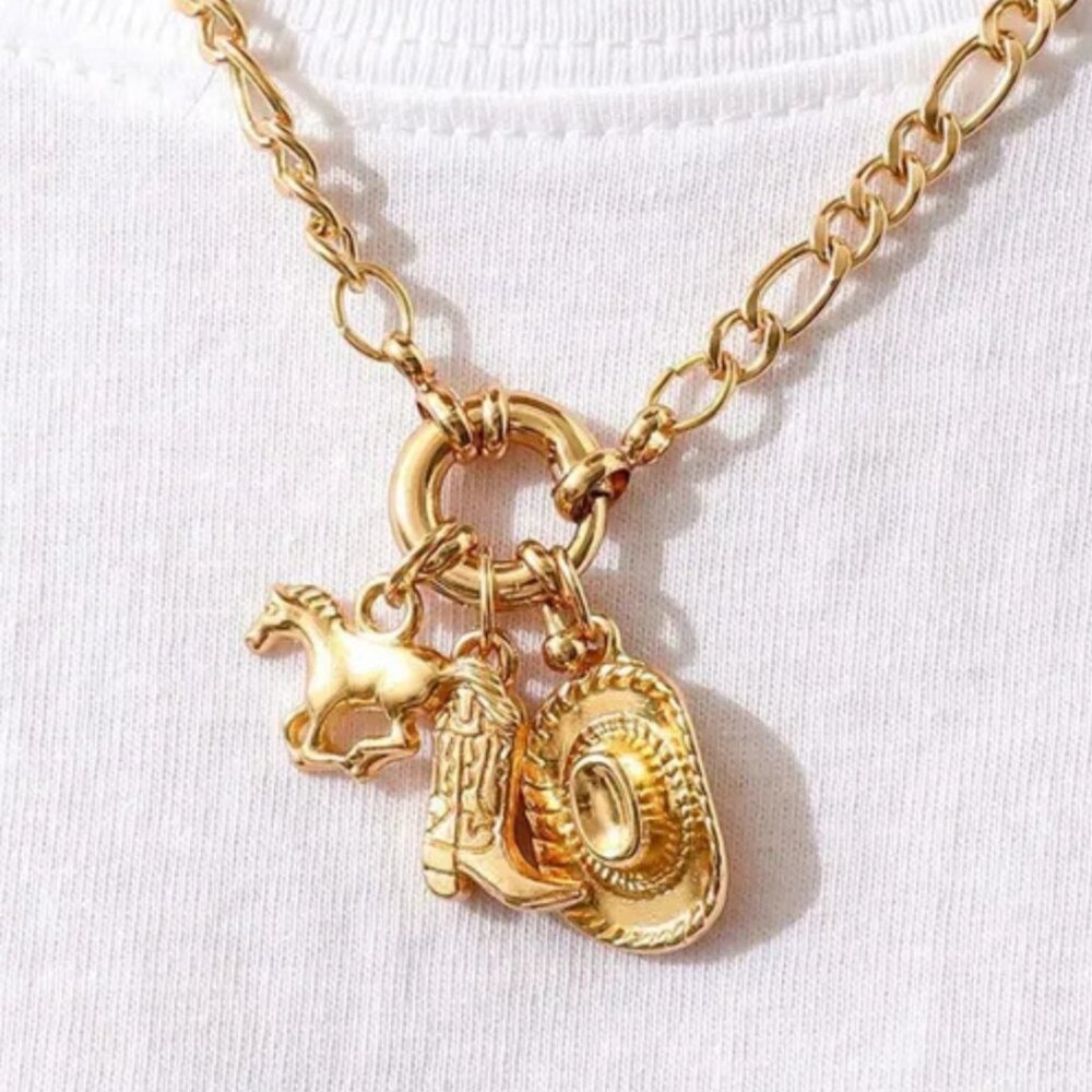 Western Cowgirl Gold Chain Necklace with Horse and Cowboy Hat Charms,